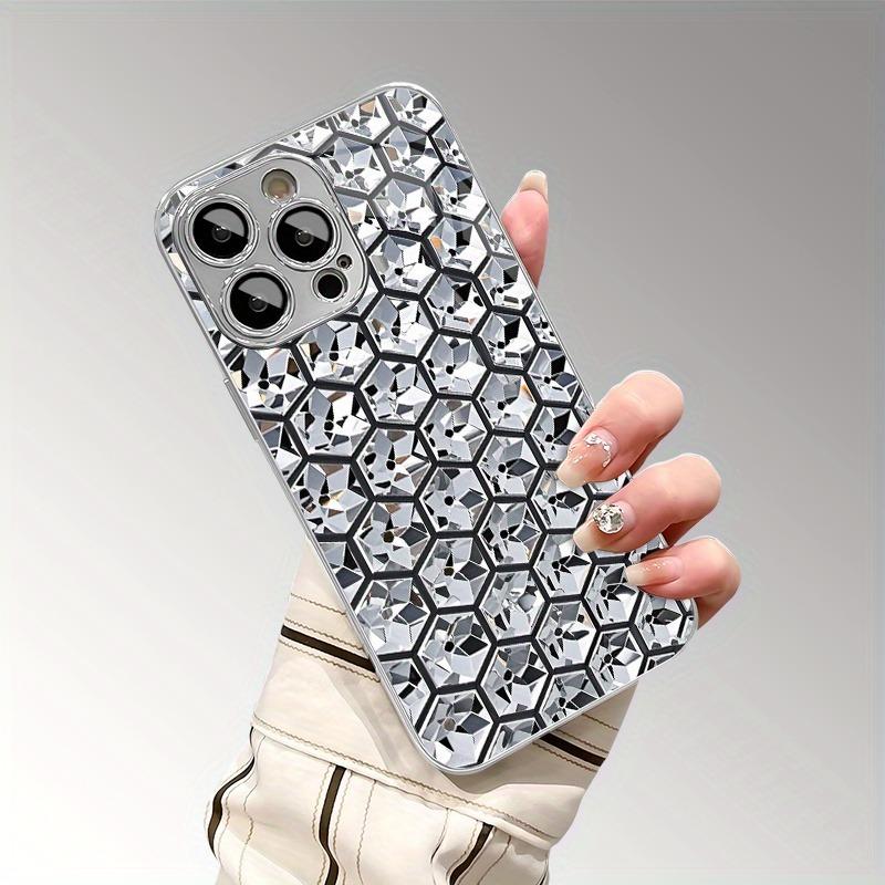 Hexagonal Diamond Pattern Electroplate Silver Phone Case For Samsung Galaxy S25 S24 S23 Ultra Plus FE Tempered Glass Cover