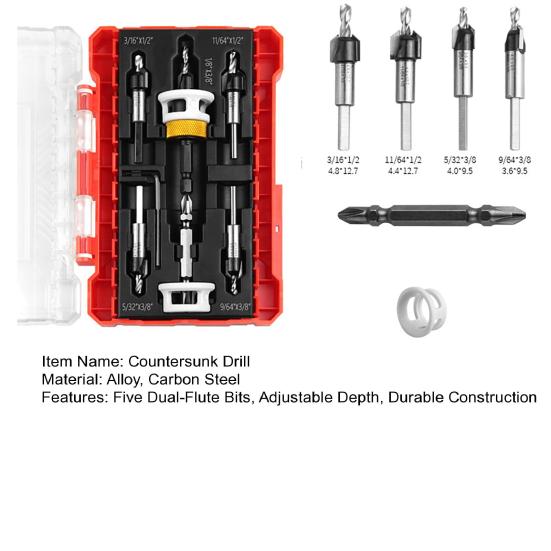 Countersink Drill Bits Set with Adjustable Aluminum Depth Five Dual-Flute Bits TCT Alloy Hole Drill Bits Kit with Wrench Storage Case