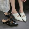 Johnature Temperament Spitse Neus Dunne Hak Slippers Echt Leer Modieus Veelzijdige Dames Slip-on Schoenen