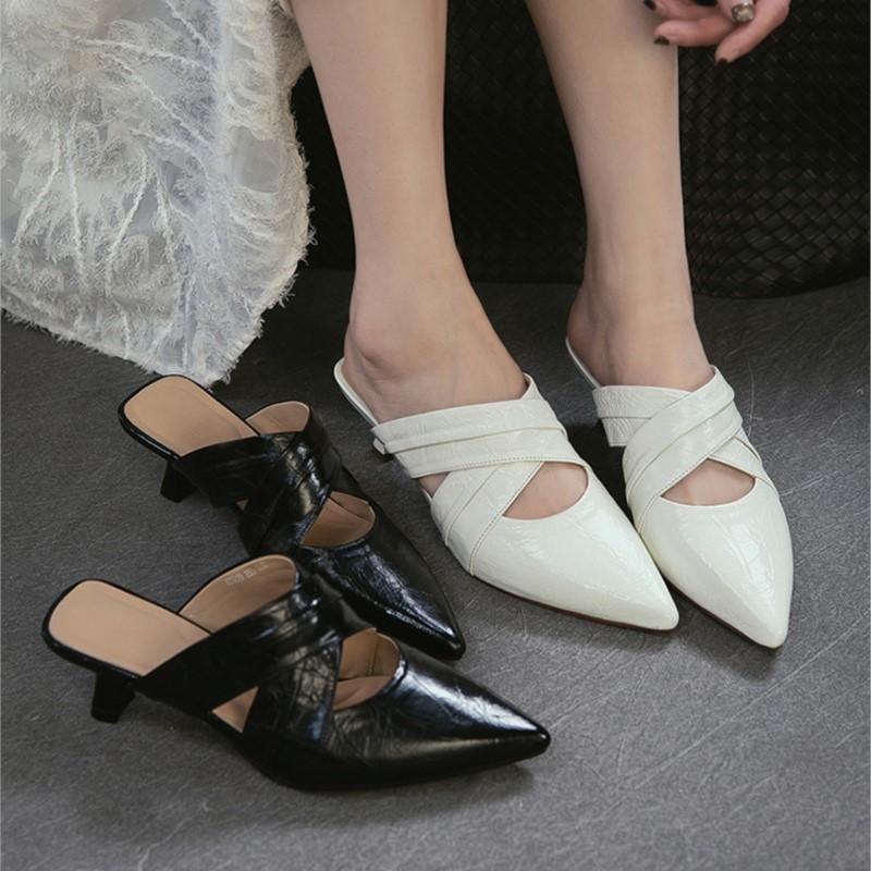 Johnature Temperament Spitse Neus Dunne Hak Slippers Echt Leer Modieus Veelzijdige Dames Slip-on Schoenen