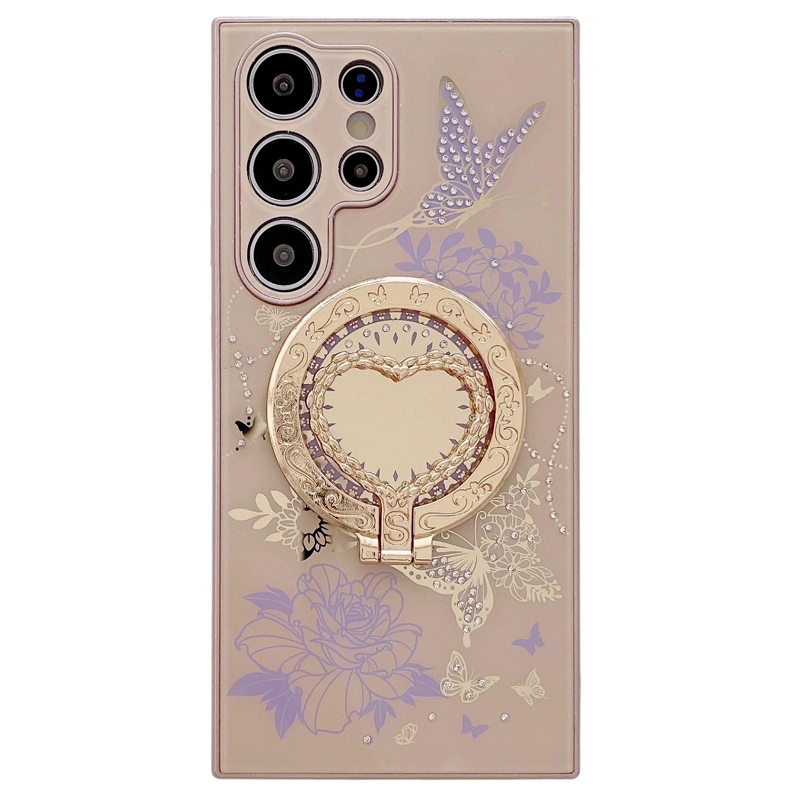 

For Samsung Galaxy S24 Ultra Magnetic Case Heart Shape Kickstand TPU+PC Phone Cover Flower Butterfly Pattern Brown/Purple