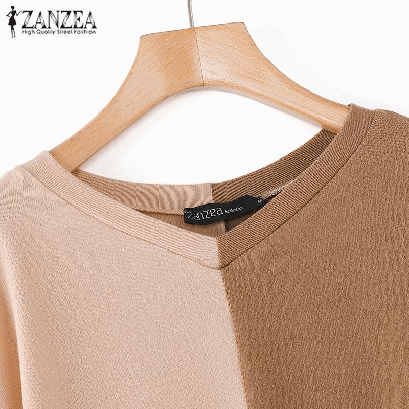 ZANZEA Women Casual Round Neck Long Sleeve Colorblock Knitted T-Shirts