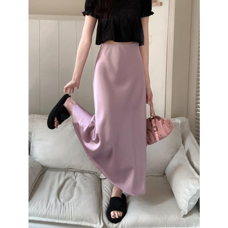 

Летняя шелковая атласная женская юбка-трапеция Элегантная юбка «рыбий хвост» с высокой талией Женская мода Женские однотонные фиолетовые длинные юбки для женщин 2024 L светло-фиолетовый