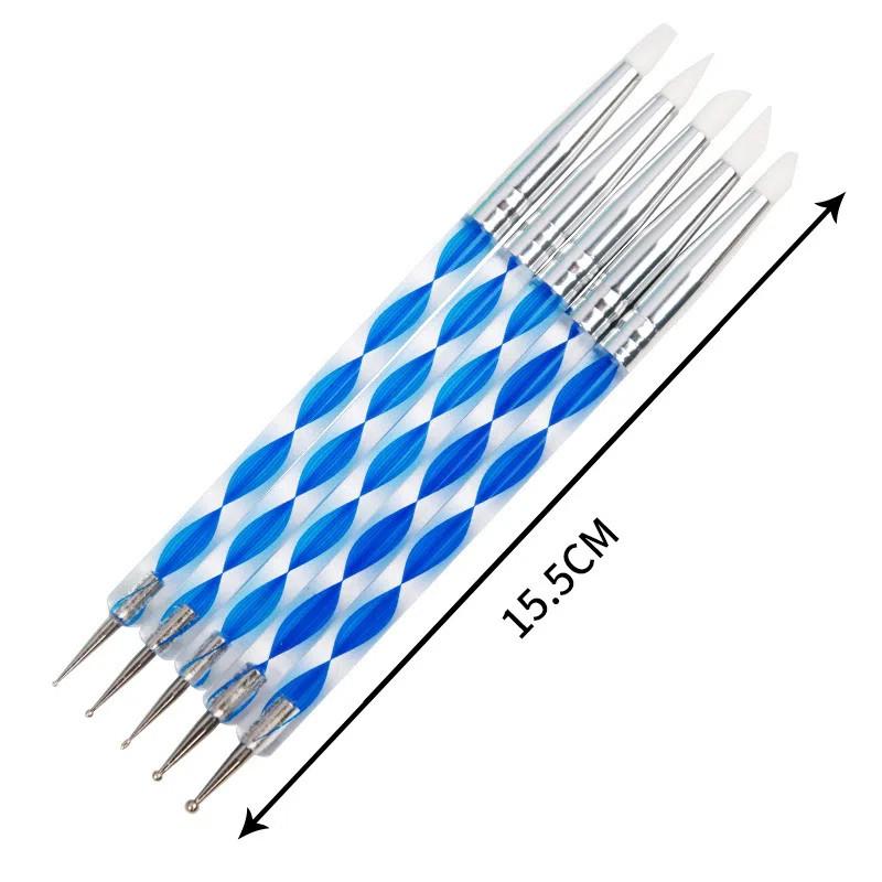 5 Buc pensule siliconice cu 2 capete pentru unghii acrilice, cu vârfuri pentru sculptură și punctare, pentru gel UV, pixuri de punctare din oțel inoxidabil, instrumente de pictură