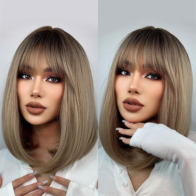 Cover Bangs Gradient Gray Long Silk Wigs High Temperature Chemical Fiber Wig Head Straight Hair