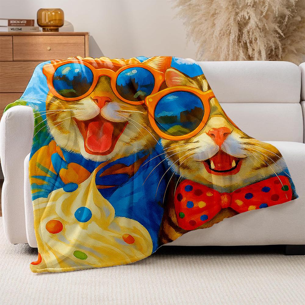 1pc Whimsical Cat with Fashion Glasses & Ice Cream Print Flannel Blanket - Soft, Warm, Machine Washable, All-Season Cozy Throw