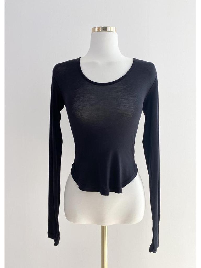 Korean Spring/Summer Slim Fit Sexy U-Neck Sheer Long Sleeve Curved Hem T-Shirt for Women