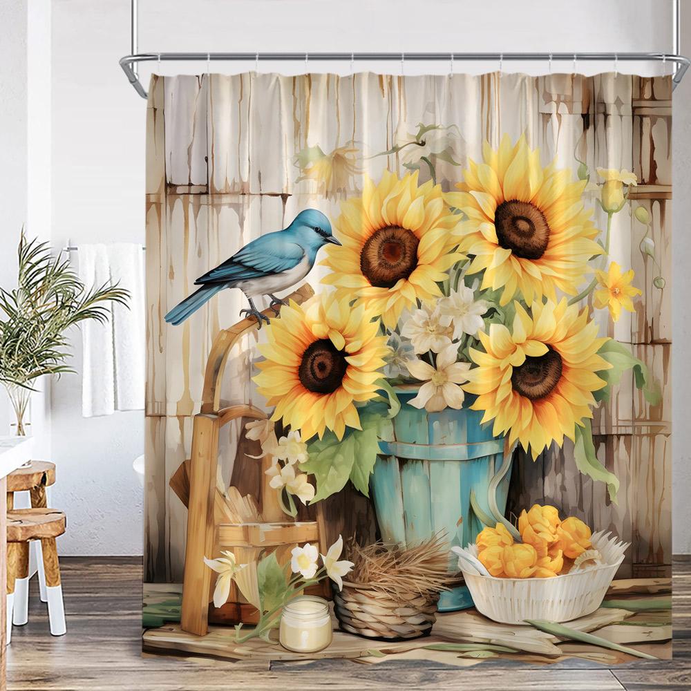 Bird Cartoon Shower Curtain Oil Painting Flower Leaf Tree Animal Print Spring Summer Bathroom Decor Modern Floral Bath Curtain