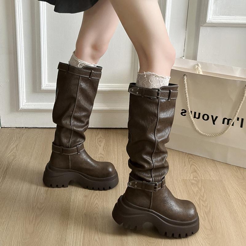 Winter Platform Height Increase Woman Knight High Boots Concise Belt Buckle Shoes Punk Vintage Long Booties  De Muje