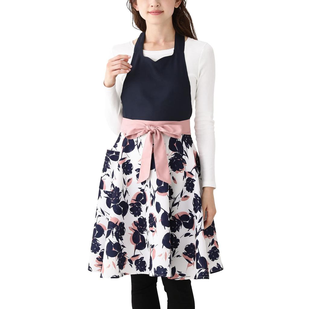 Francfranc Silhouette Full Cute Floral Print Apron for Women Apron, Pink,