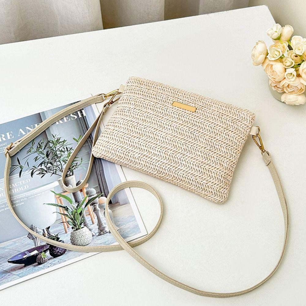 Fashion Hand-woven Straw Crossbody Bag Casual Large Capacity Beach Clutch Simple with Shoulder Strap Mobile Phone Bag Summer