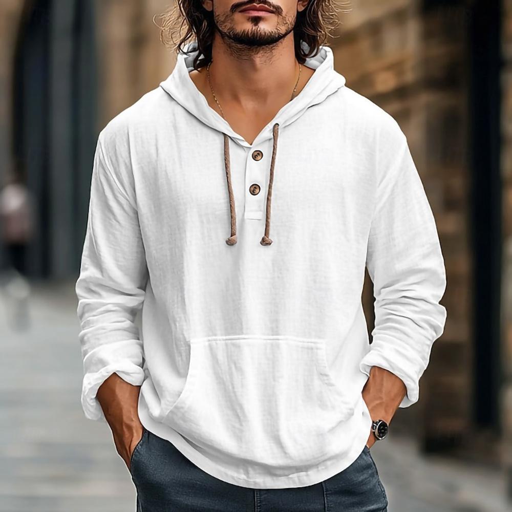 Men s Casual Hooded Sweatshirt with Button Front and Large Pockets, Available in White, Army Green, Navy Blue, and Grey S