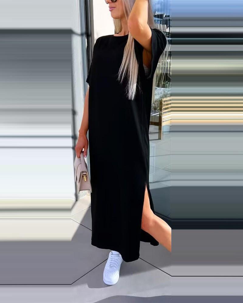 2024 Summer Women's Solid Color Short Sleeve Round Neck Slit Hem Dress
