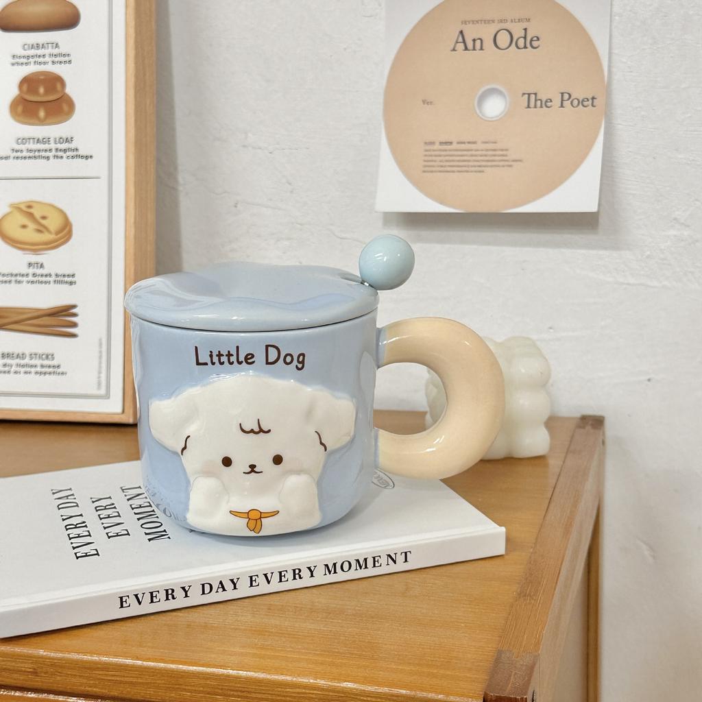 Puppy Mug with Lid Spoon Cute High Looking Couple Water Cup for Girls Home Creative Ceramic Cup Souvenir
