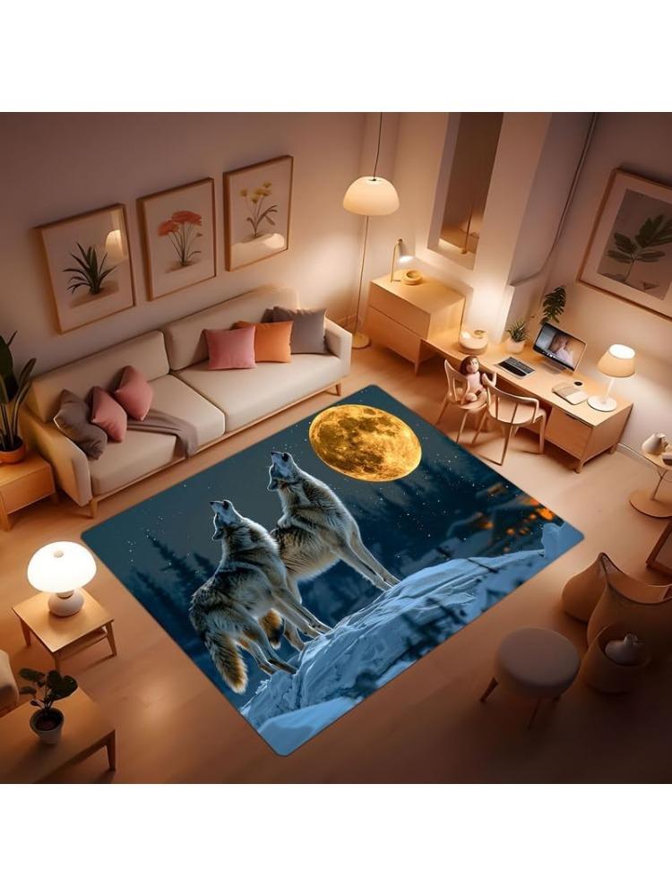 Wolf print pattern area rug, howling wolf under the moon plush area rug, suitable for living room bedroom dining room entrance