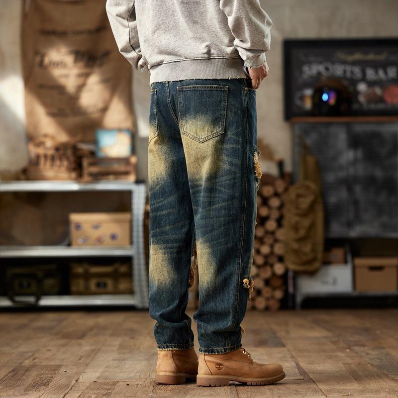American Vintage Style Trendy Brand Spring and Autumn Updated Comfortable Fit Personality Ripped Patch Harlan Jeans