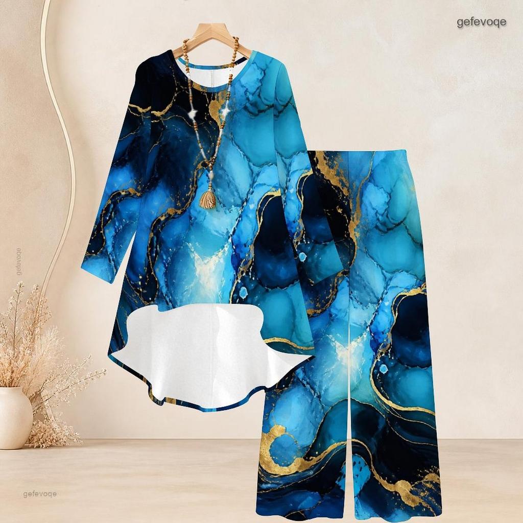 Women Plus Size Round Neck Long Sleeve Blue Gold Marble Printed High Low Top And Wide Leg Pants Two Piece Set