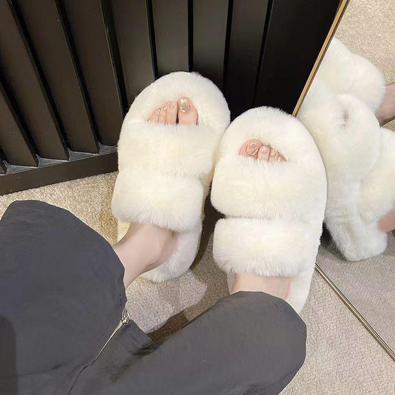 Women's Fluffy Slippers - Autumn/Winter 2024 Fashion, Thick Sole, Single/Double Strap, Cozy Cotton, Trendy Outdoor Wear