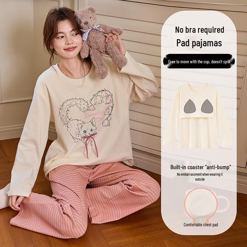 Women's Long-Sleeve Sweet Cartoon Homewear Set with Built-in Bra Pads - Spring/Autumn Cotton