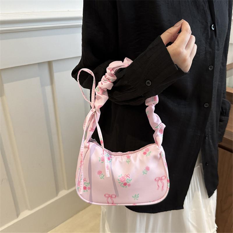 Sweet Floral Print Armpit Bag Ruffled Handle Bow Accents Multiple Colors Tote Bag, Cute Versatile Shoulder Purse for Women Daily
