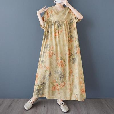 Short Sleeve Plus Size Cotton Vintage Floral New In Dresses for Women Casual Loose Long Summer Dress