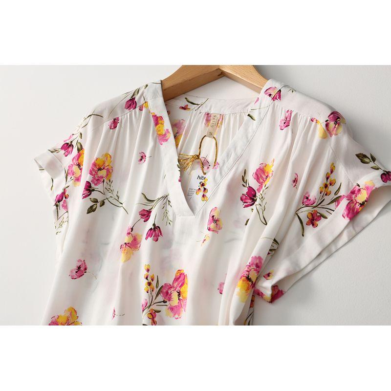 Export Export Tail Order Loose V Neck Print Short-Sleeved Cotton Silk Shirt Women's Short-Sleeved Artificial Cotton Tops Women's Summer