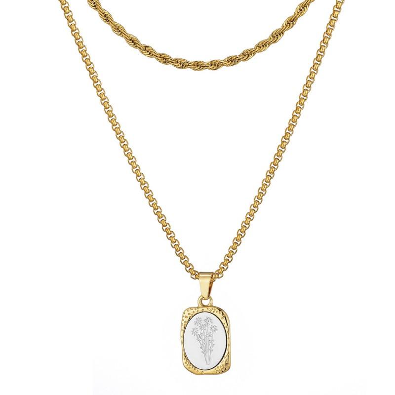 Vintage Floral Titanium Steel Necklace With Engraved French Mirror Square Pendant Layered Locket Chain Women