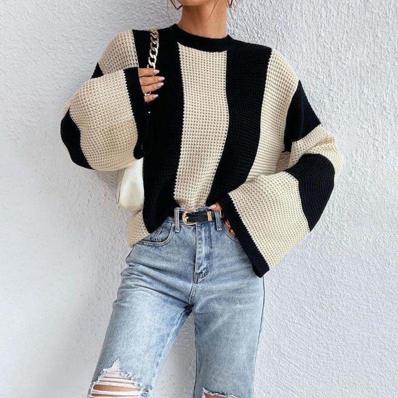 Sweater for Women Winter Thickened Pullover Round Neck Stripes Knitted Stretchy Long Sleeve Oversize Jumper Sweater Tops