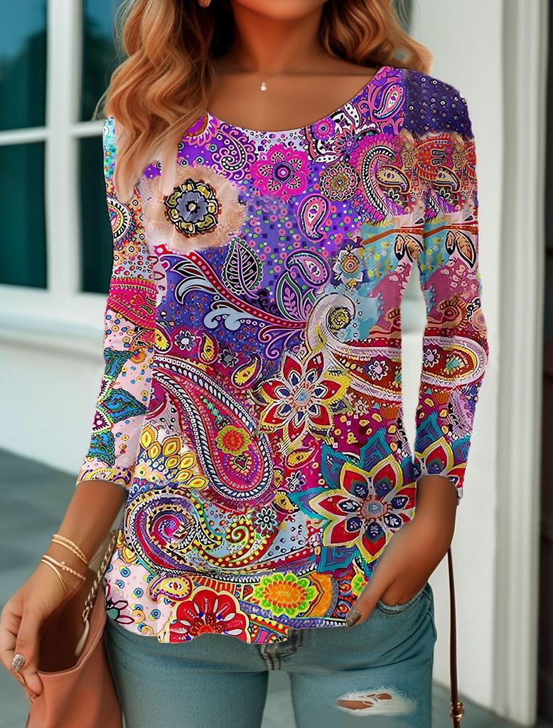 Fashion Women's T shirt Tee Graphic Print Casual Long Sleeve Weekend Vintage Ethnic Crew Neck Regular Fit Painting Fall & Spring