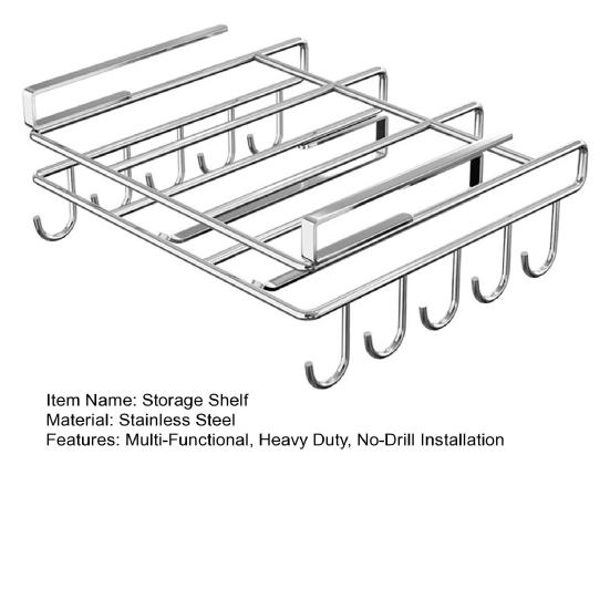 Clip-On Shelf under Cabinet Storage Shelf with 10 Hooks 2 Towel Bars And Cutting Board Holder No-Drill Installation Mug