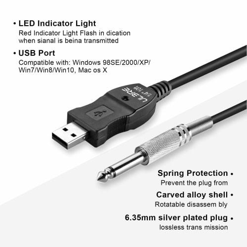 ULBRE USB Guitar Cable Guitar Cord 10FT USB Male To 1/4 Inch TS Mono Jack Connector Cord Compatible Windows and MacOS Guitar Bass To PC for Recording