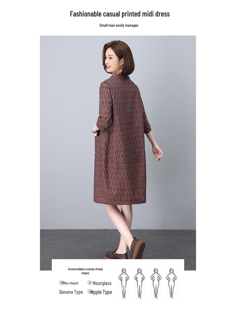 2025 New Style V-Neck Printed Dress for Women - Age-Reducing, Belly-Covering, Loose Casual Wear for Middle-Aged Moms in Spring & Autumn