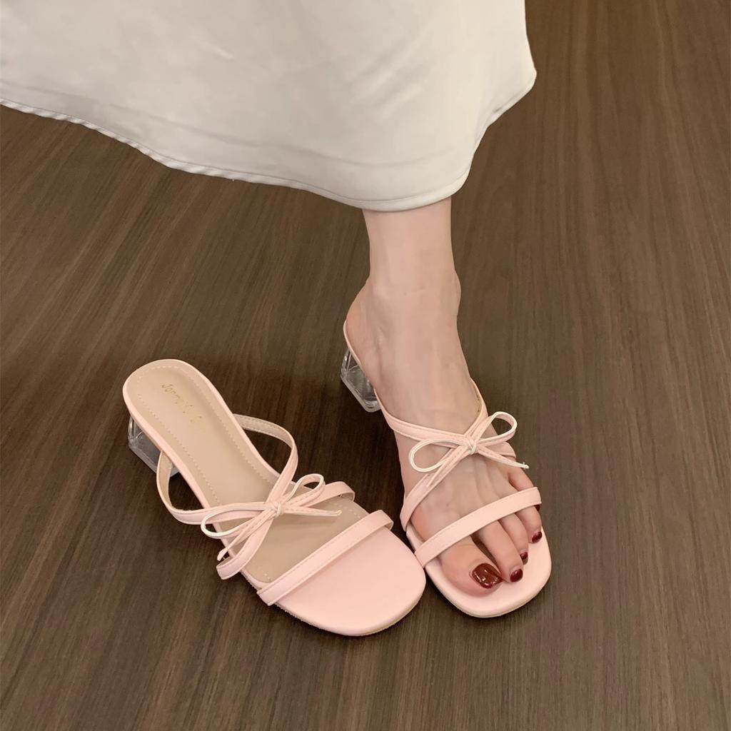 French Fairy Style Gentle Evening Shoes Bow Word with Open Toe Cool Slippers Female Summer Wear Crystal Heel Sandals