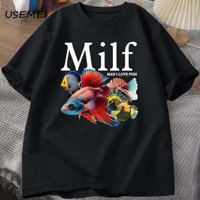 Mann Ich Liebe Fisch MILF T-Shirt Lustiges Fischliebhaber T-Shirt Herren Angler Baumwolle Herren T-Shirt Harajuku Street Top Fitness Streetwear