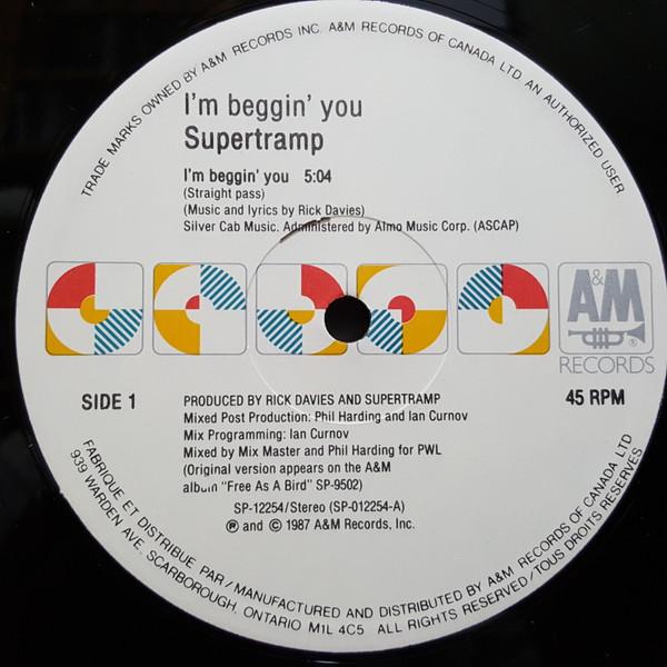 

12-дюймовая пластинка SUPERTRAMP Im Beggin You SP12254 AM Records 1987 Канада Танцевальная Электроника Б/у