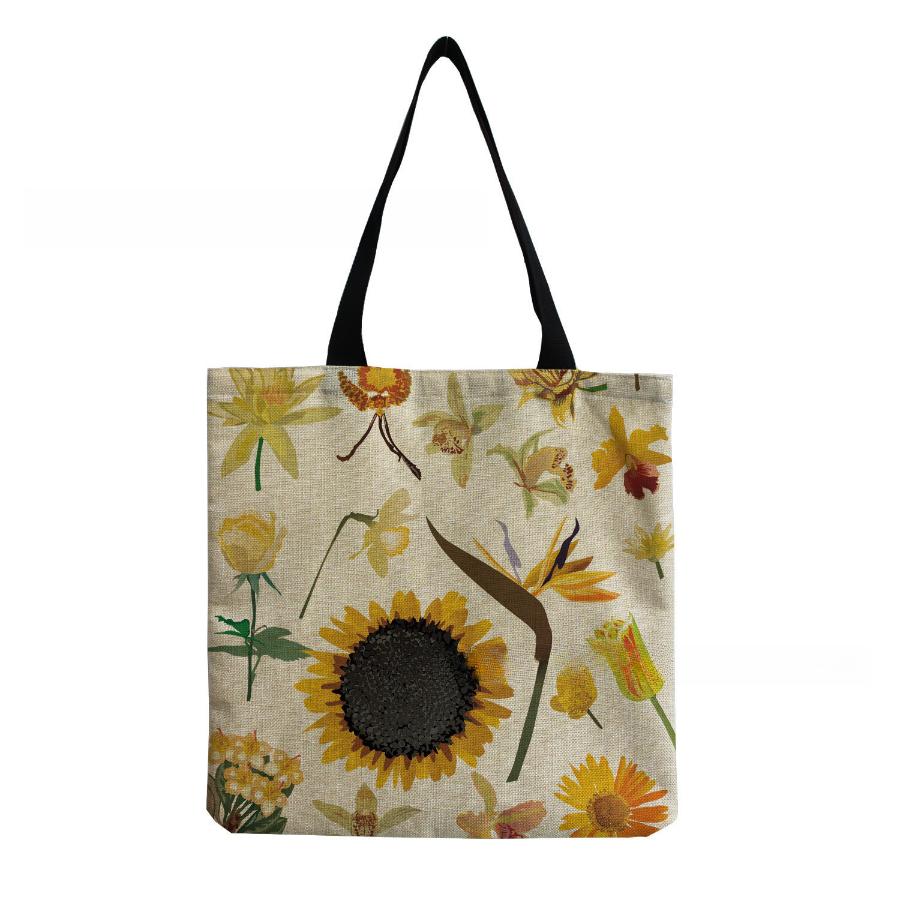 Women Vintage Linen Tote Bag - Large Capacity Sunflower Print Shoulder Handbag for Casual & Grocery Shopping KTB