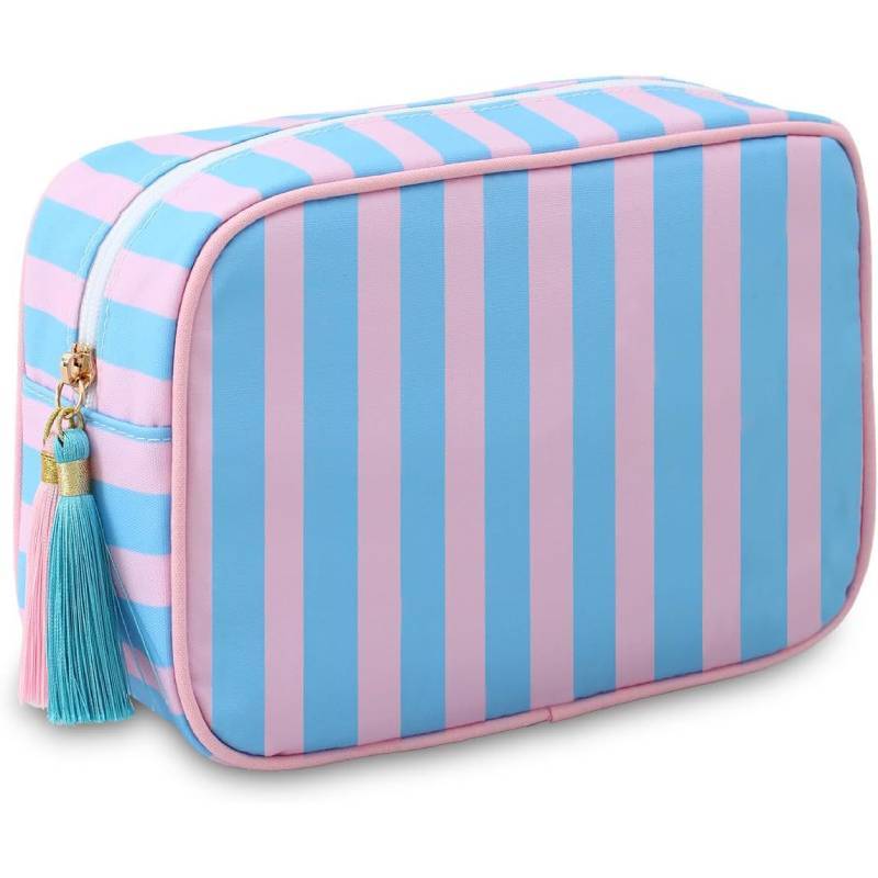 Polyester Striped Makeup Bag With Tassels For Daily Use And Travel Storage