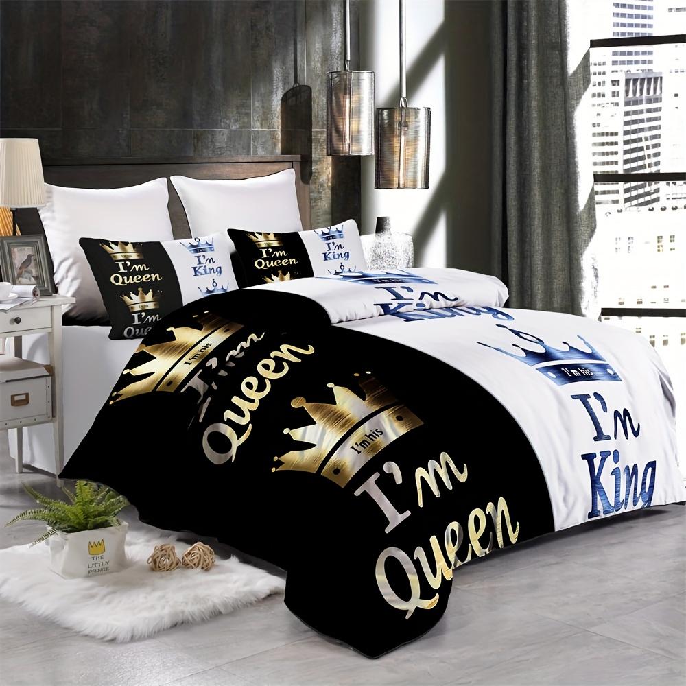 2/3Pcs Luxury Crown Letter Print Duvet Cover Set (1 Duvet Cover + 1/2 Pillowcase, Without Core), Fashionable Couple Bedding Set