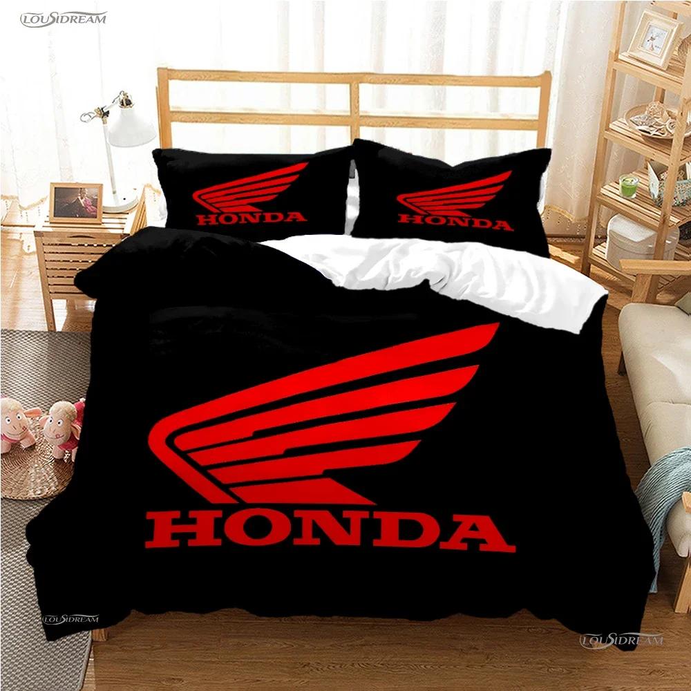 HRC-H-Hondas Motorrad Logo Bettbezug Bettdecke Bettwäsche-Sets Weiche Steppdeckenhülle und Kissenbezüge für Jugendliche Einzel-/Doppel-/Q-Queens-/King