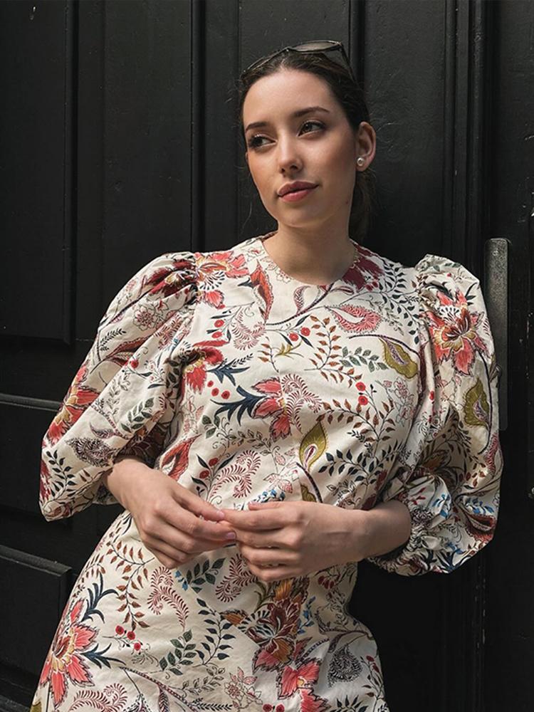 Vintage Blumendruck Lange Lose O-Ausschnitt Laterne Ärmel Weibliche Kleider Hohe Taille Sommer Dame Robe