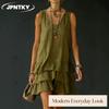JPNTKY Fashion Summer Spring Solid Color Print V-Neck Sleeveless Casual Dresses