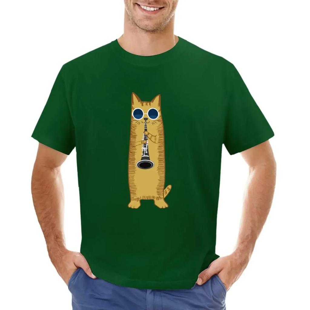 Cool Hippy Cat With Sunglasses Playing The Clarinet T-shirt Summer Tops New Edition Aesthetic Clothing Black T-shirts for Men