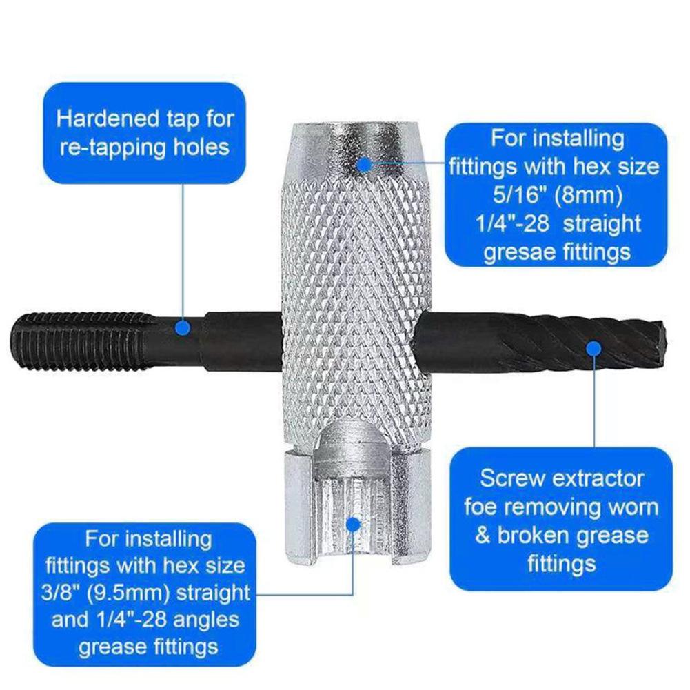 Two Piece 4in1 Grease Installation Tool Set for Hexagonal 38 516 716 Compatible with 1 8 NPT PTF M10x1 1 4 28 SAE M8x1 Sizes