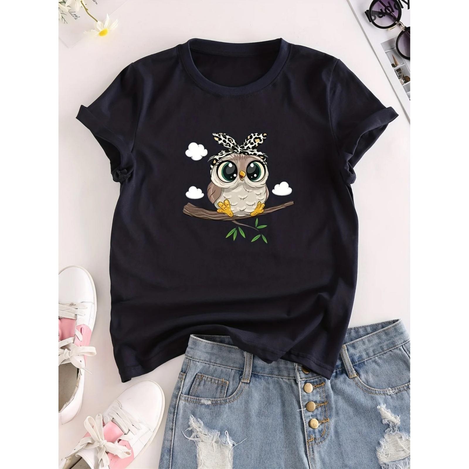 

Cartoon Kawaii Owl Print T-Shirt, Short Sleeve Crew Neck Casual Top For Summer & Spring, Women s Clothing XXXXXL різнокольоровий