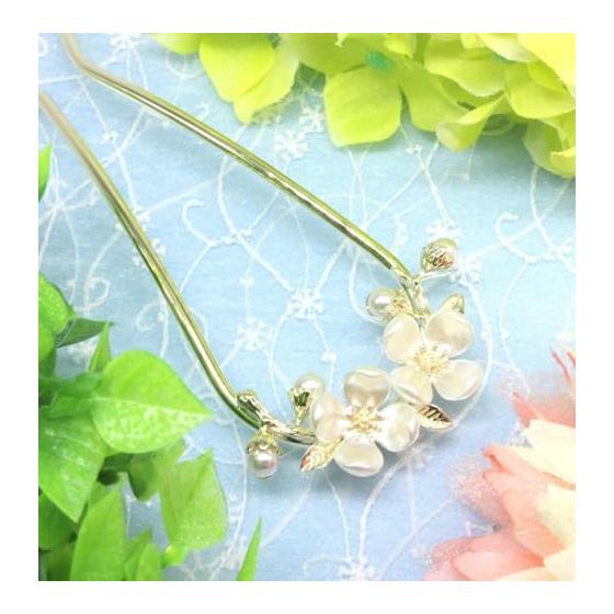 Miaomyao U-Shaped Hairpin Kanzashi for Japanese Kimono and Yukata, White Plum Blossom Pearl Gold Antique Hair Accessory, Small Cute Kanzashi with