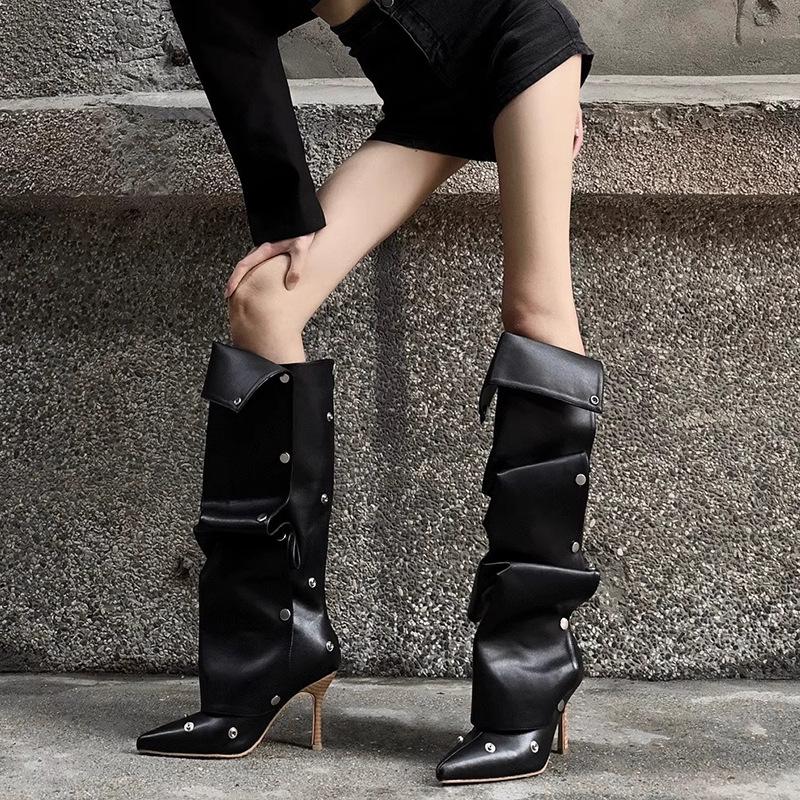 Pointed Stiletto Heel Pile Boots Button Splicing Trouser Tube Boots Spice Girl High Heel Long Tube Fashion Boots Women But Knee Boots Children