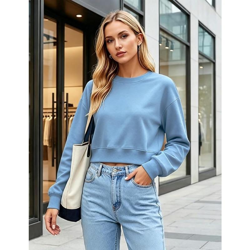 Women S Long Sleeve Loose Cropped Pullover Sweatshirt Casual Autumn