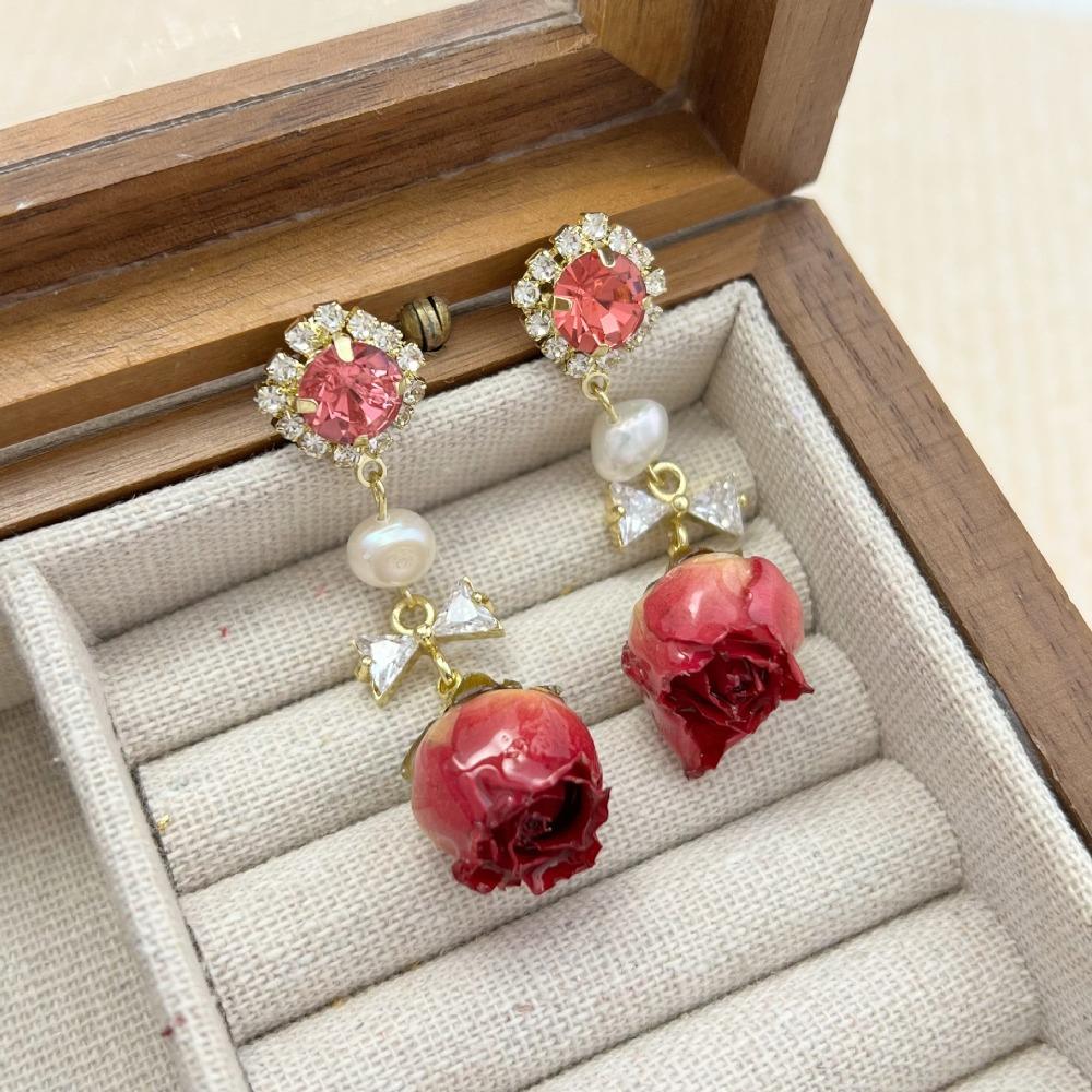 Rose Dried Flower Pendant Earrings Vintage Real Flower Earrings  Bridal Gown Earrings