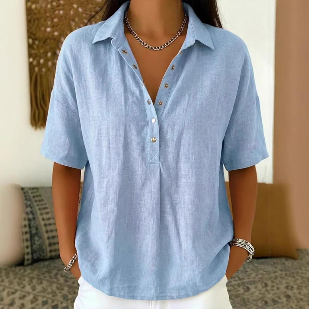 Summer Women's Loose Comfortable Solid Color Lapel Short Sleeve Shirt, European American Style Casual Blouse for Crossborder