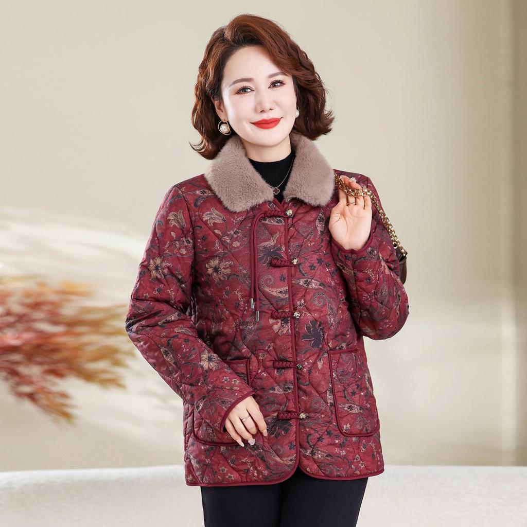 Mom's 2025 Stylish Autumn/Winter Velvet-Lined Floral Coat for Middle-Aged & Elderly Women